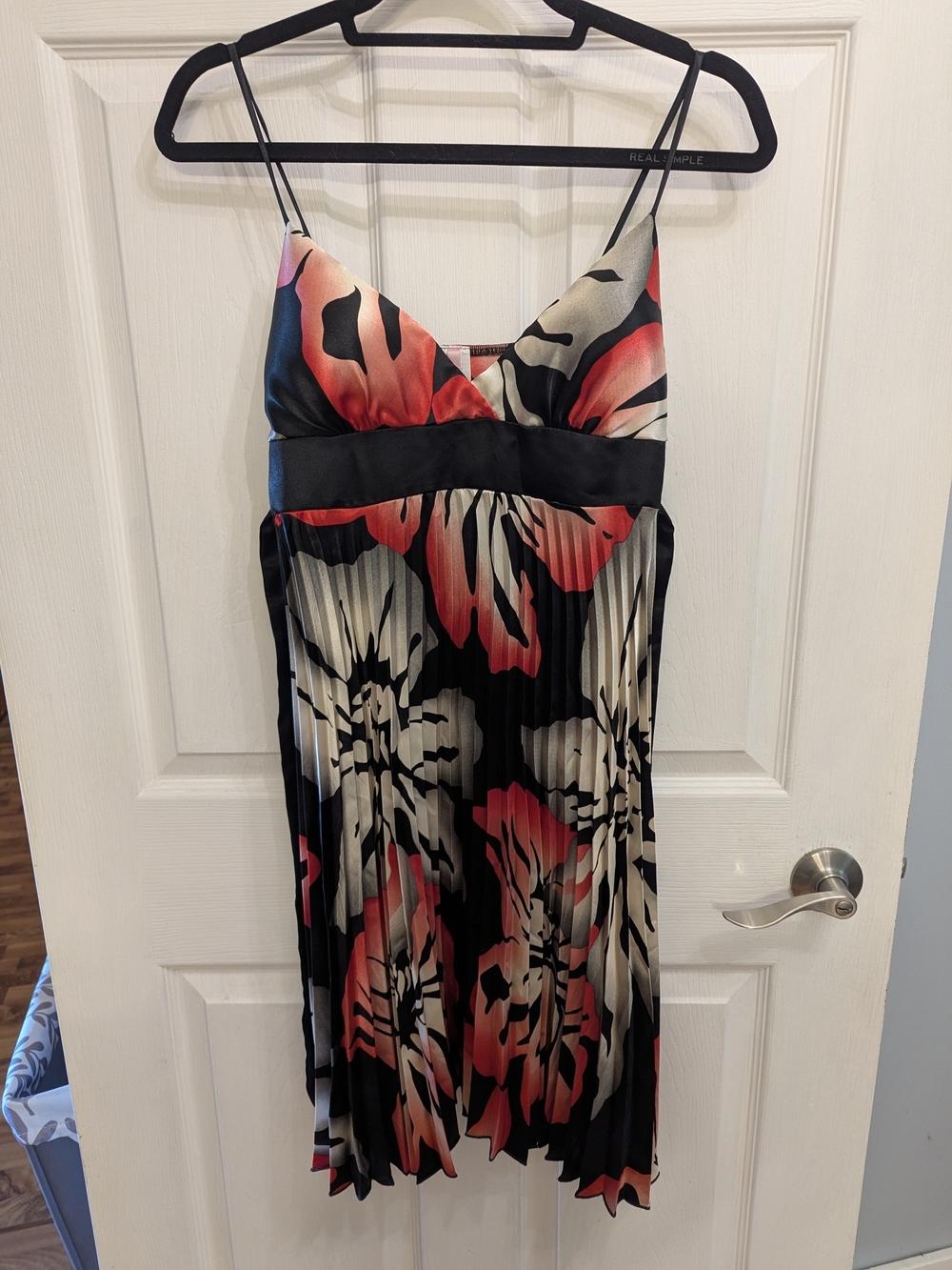 Floral Pleated Spaghetti-Strap Midi Dress in Black, Coral and Cream